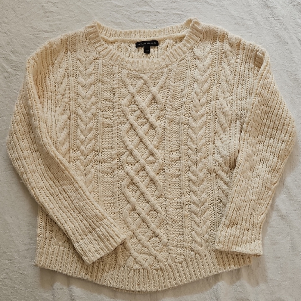 Banana Republic Fisherman Cable Knit Crewneck Sweater Cream Size Large